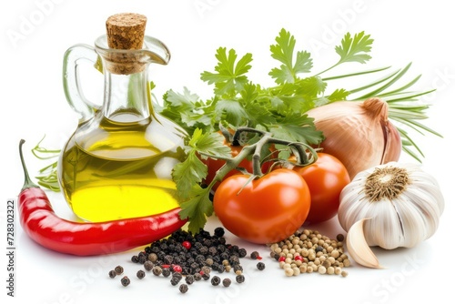 Vegan ingredients for seasoning: Olive oil bottle surrounded by a spanish onion, a chili pepper, two garlic cloves, some peppercorns, some coriander leaves 