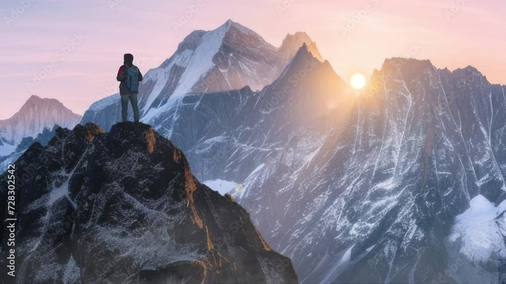 Tourist climber go hike enjoy view. Backpacker explore epic journey.
