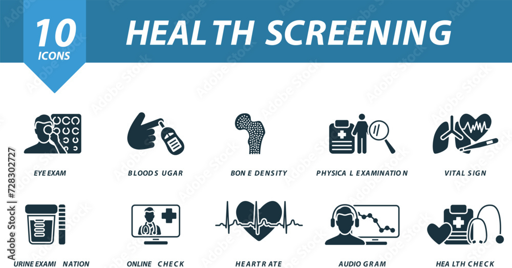 Health screening set. Creative icons: eye exam, blood sugar, bone density, physical examination, vital sign, urine examination, online check, heart rate, audiogram, health check.
