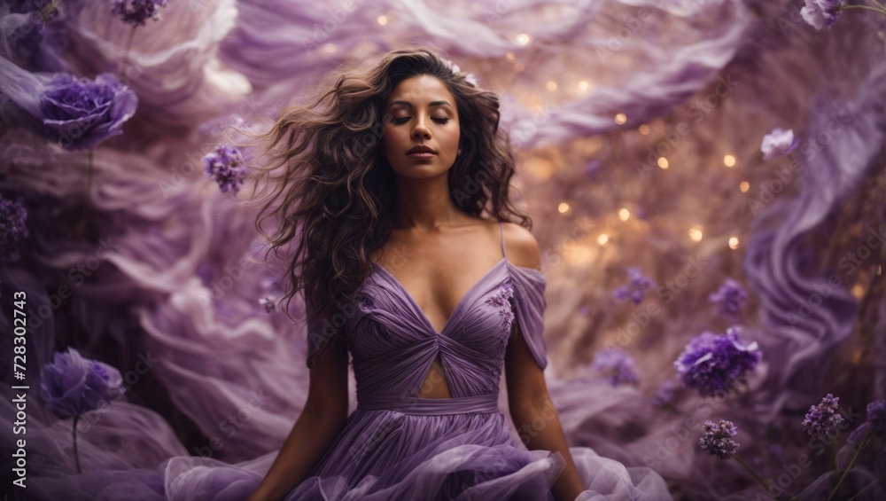 Beautiful young woman with long curly hair in a lilac dress Beautiful young woman with long curly hair in a lilac dress
