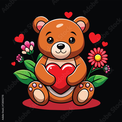 teddy bear with flowers, valentines, dark background