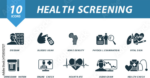 Health screening set. Creative icons: eye exam, blood sugar, bone density, physical examination, vital sign, urine examination, online check, heart rate, audiogram, health check.