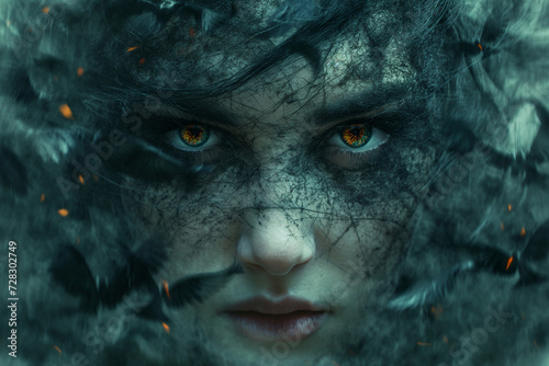Morrígan, Celtic Goddess: Face with Glowing Orange Eyes, Interwoven in Grey Threads, Surrounded by Swirling Ravens