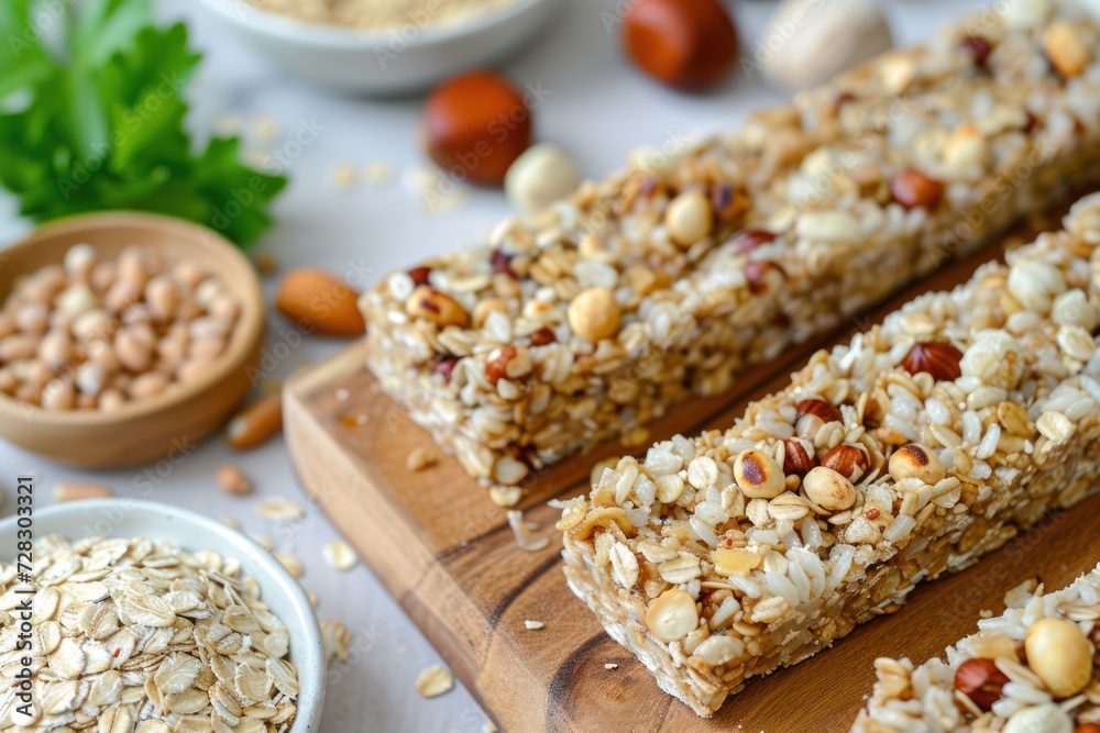 Close up of homemade granola energy bars. At the left of the image is a wooden cutting board with a granola bar, a minced hazelnut and oat flakes. Close up of homemade granola energy bars. At the left of the image is a wooden cutting board with a granola bar, a minced hazelnut and oat flakes.