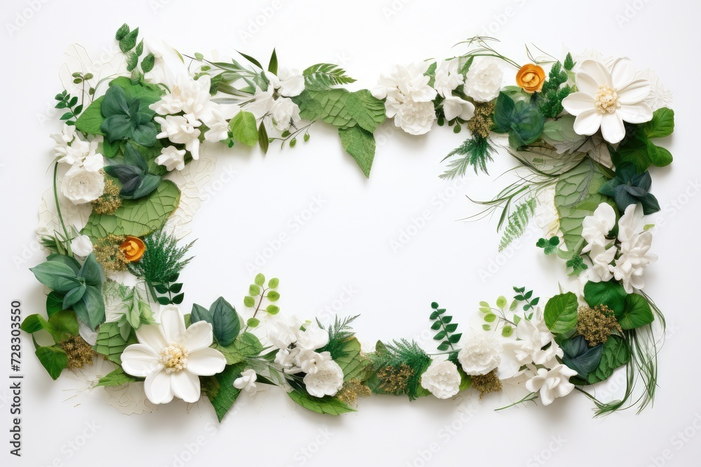 Naklejka premium Verdant Botanical Frame: Fresh Floral Elegance on Pristine White - Generative AI