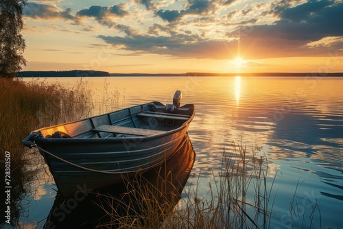 Fishing boat on the lake at sunset. 