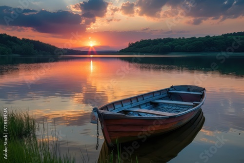 Fishing boat on the lake at sunset. © Straxer