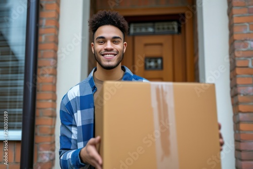 Front view of a cheerful multiracial young man at the doorway picking up a home delivered cardboard box. 