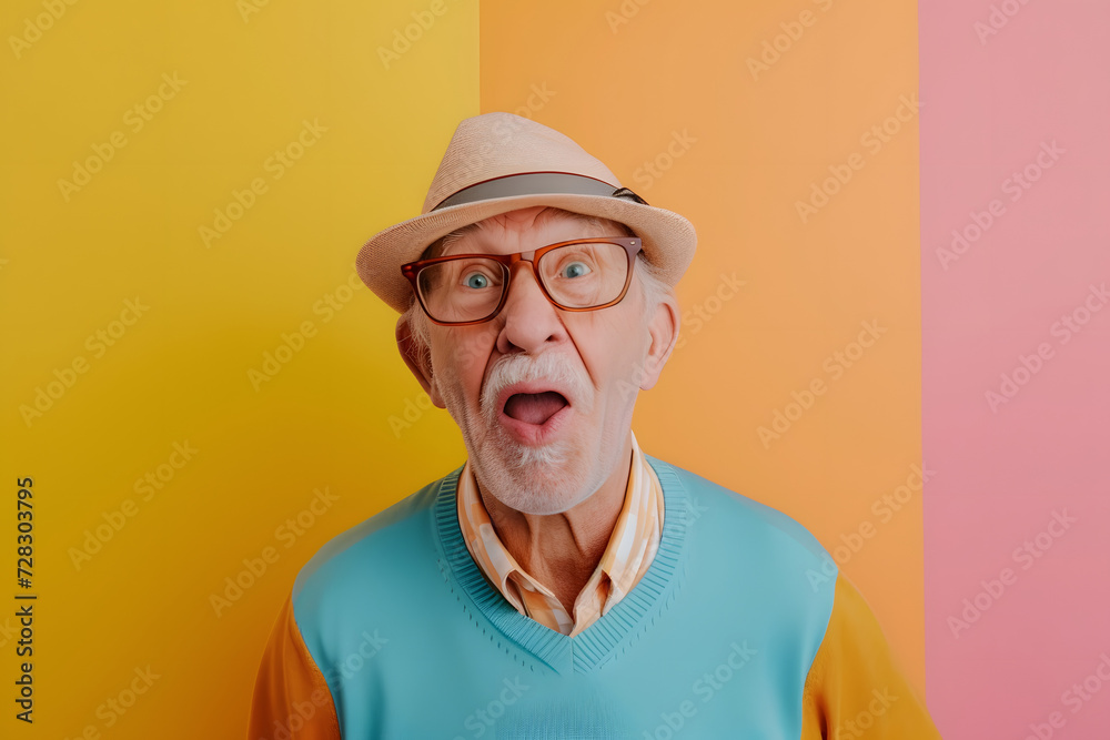 Senior man making funny face on pastel background. Senior man making funny face on pastel background.
