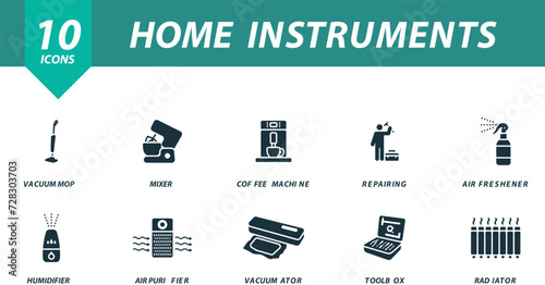 Home instruments icons set. Creative icons: vacuum mop, mixer, coffee machine, repairing, air freshener, humidifier, air purifier, vacuumator, toolbox, radiator.