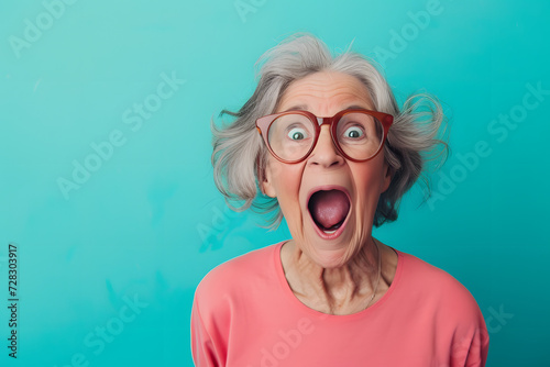 Senior woman making funny face on pastel background.