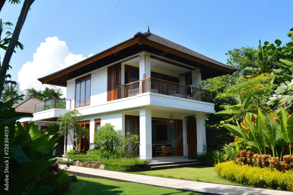House design concept, elegant house exterior in white with tropical garden