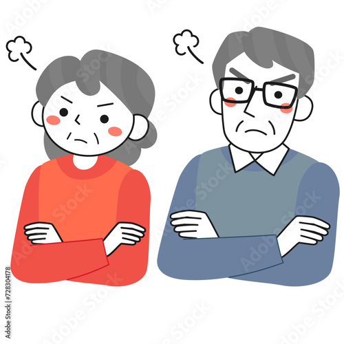 腹を立てるシニア夫婦の上半身
