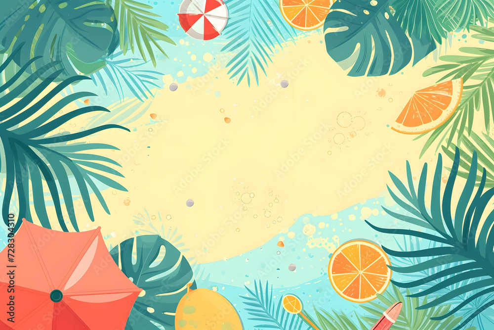 Cute cartoon summer decorations frame border on background in flat style.