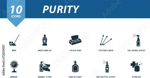 Purity icons set. Creative icons: mop, mouthwash, tissue box, cotton swab, cleaning spray, mirror, disinfector, liquid soap, antiseptic spray, hygiene.