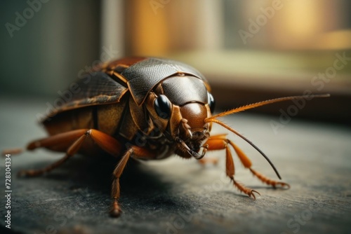 A close up of a cockroach on a wooden surface. Generative AI.