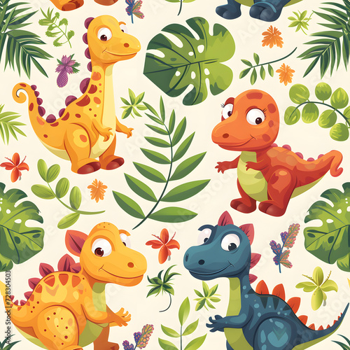 Cute dinosaur cartoon seamless pattern on background.