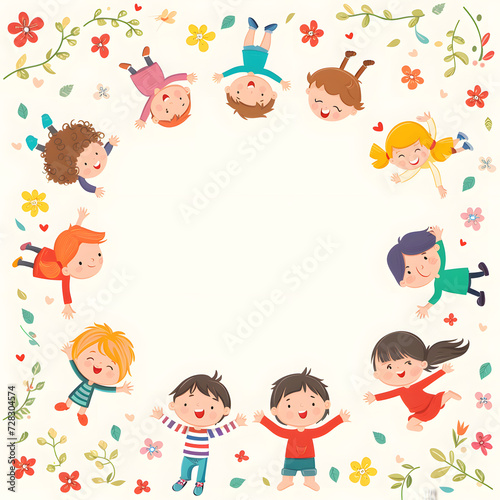 Cute cartoon of children frame border on background in flat style.