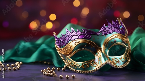 Mardi gras carnival mask and beads on purple and green gradient background with free copy space