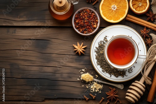Top view of a filled tea cup surrounded by some ingredients like dried orange, cinnamon sticks, honey and anise on rustic wooden table. 