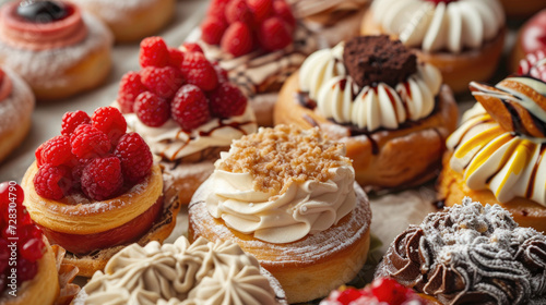 A close-up shot showcasing a delightful assortment of French pastries