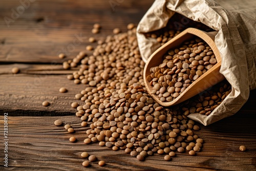 Top view of a Rustic paper bag and a wooden serving scoop full of lentils on rustic wooden table. 