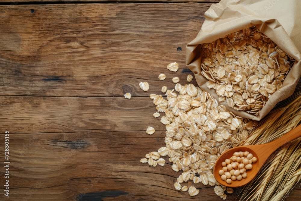Top view of a rustic paper bag filled with uncooked oat flakes with a wooden spoon surrounded by oat flakes and oat spikes Top view of a rustic paper bag filled with uncooked oat flakes with a wooden spoon surrounded by oat flakes and oat spikes