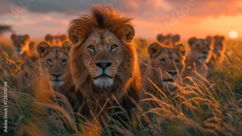 Lion King - A lion with a mane of orange and brown stands tall in a field of tall grass, reminiscent of the iconic movie The Lion King. Generative AI