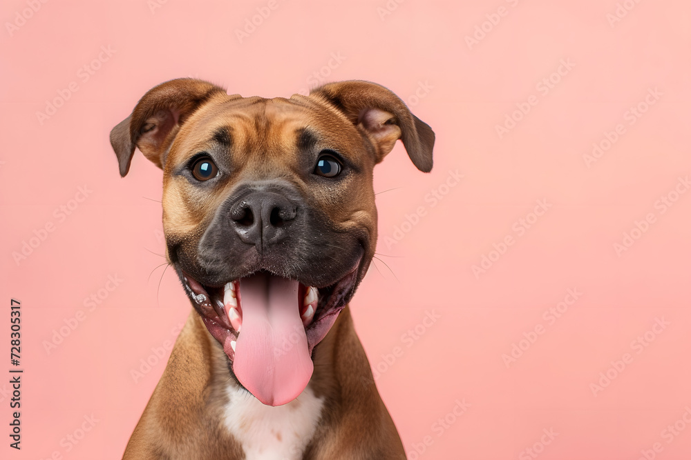 Cute dog making funny face on pastel background.
