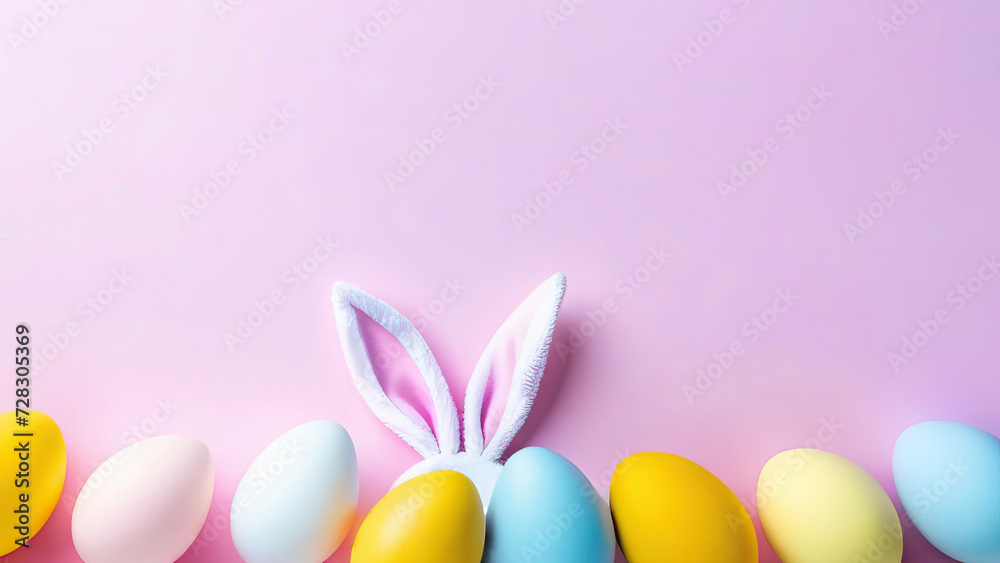 Easter Delight. Bunny Ears and Colorful Eggs on a Pink Background. Copy space Easter Delight. Bunny Ears and Colorful Eggs on a Pink Background. Copy space