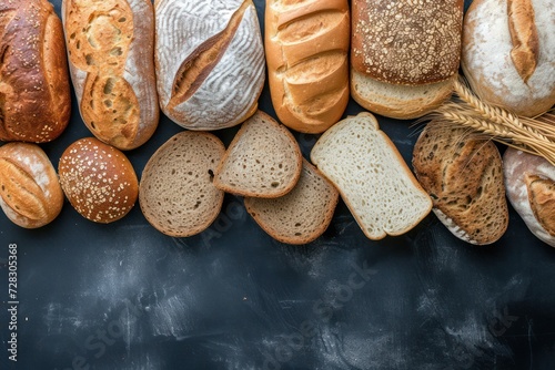 Top view of breads assortment like brunch bread, rolls, wheat bread, rye bread, sliced bread, wholemeal toast, spelt bread and kamut bread on dark blackboard background.  photo