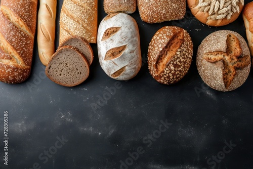 Top view of breads assortment like brunch bread, rolls, wheat bread, rye bread, sliced bread, wholemeal toast, spelt bread and kamut bread on dark blackboard background. 