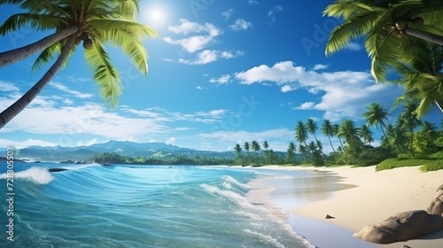 Captivating summer beach scenery background with pristine sand and sparkling blue ocean waves