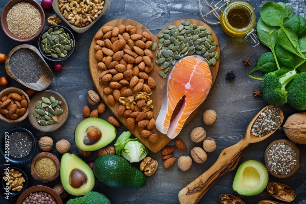 Top view of wooden cutting board with a heart shape surrounded by an assortment of food rich in Omega-3 