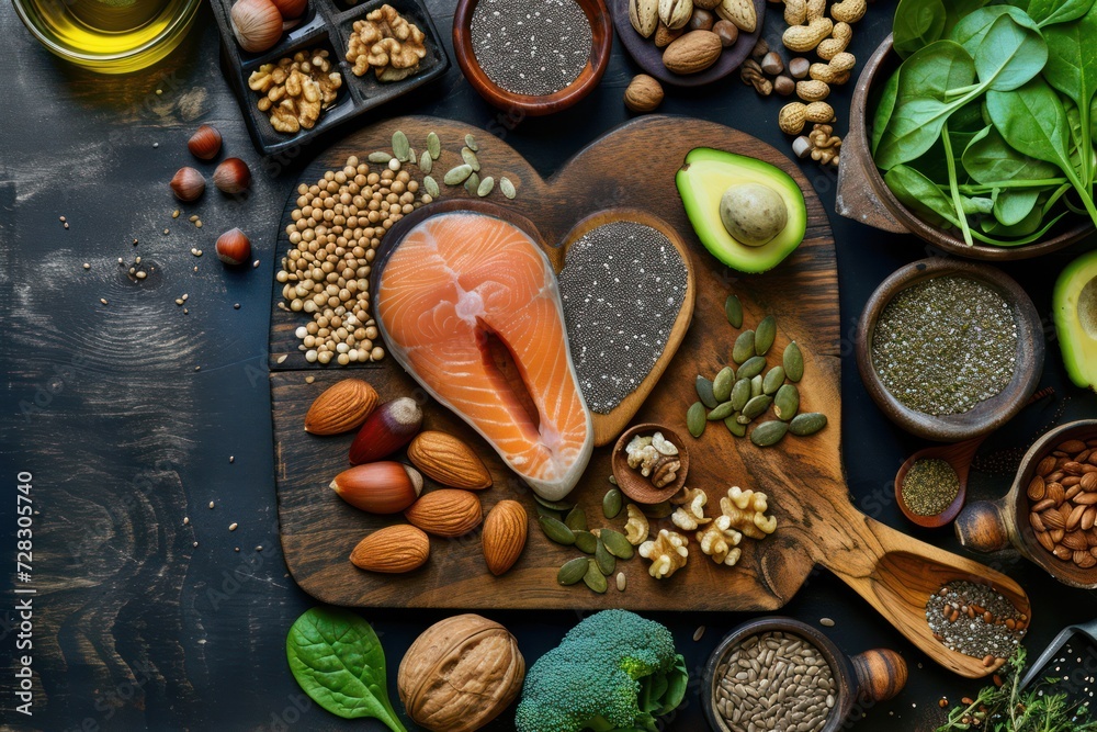 Top view of wooden cutting board with a heart shape surrounded by an assortment of food rich in Omega-3 Top view of wooden cutting board with a heart shape surrounded by an assortment of food rich in Omega-3