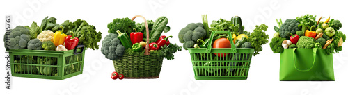Variety of Fresh Vegetables in Baskets and Bags , Assortment of vibrant fresh vegetables including broccoli, peppers, and cauliflower in shopping baskets and reusable grocery bags, PNG element .