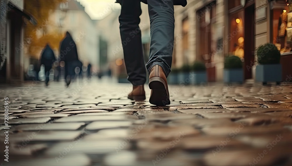 Fototapeta premium Focused closeup of person feet walking along city street capturing urban life and motion active lifestyle with shoes stepping on road of busy town