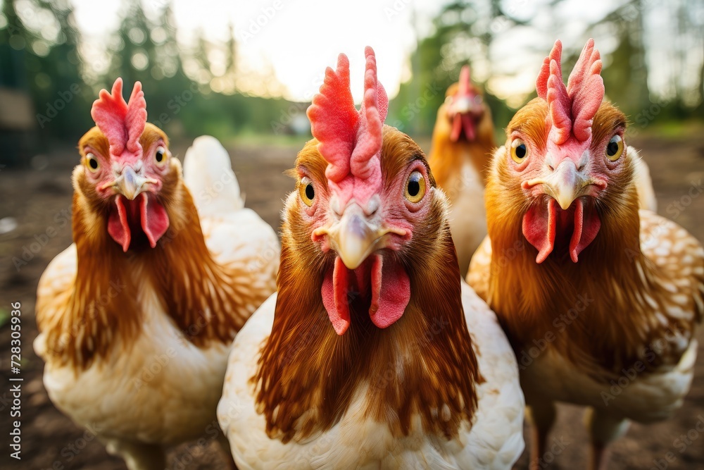 Naklejka premium Intense Gaze of Redheaded Chickens in a Row on the Farm - Generative AI