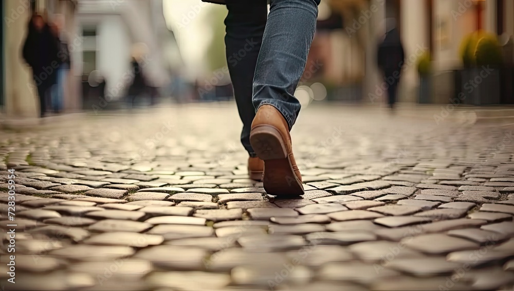 Fototapeta premium Focused closeup of person feet walking along city street capturing urban life and motion active lifestyle with shoes stepping on road of busy town