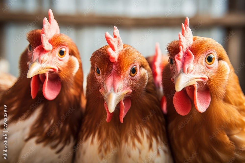 Fototapeta premium Intense Gaze of Redheaded Chickens in a Row on the Farm - Generative AI
