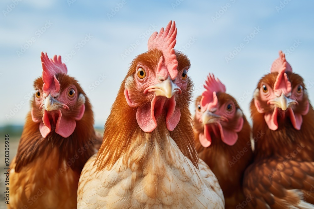Naklejka premium Intense Gaze of Redheaded Chickens in a Row on the Farm - Generative AI