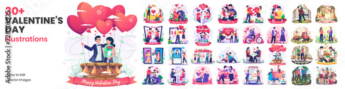 Huge Collection of Flat Style Vector Illustrations for Valentine’s Day Featuring Celebrating People, Romantic Couples, and Virtual Relationships