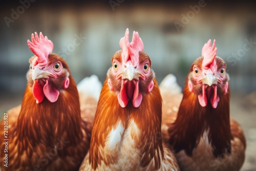 Intense Gaze of Redheaded Chickens in a Row on the Farm - Generative AI