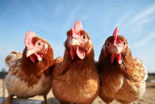 Intense Gaze of Redheaded Chickens in a Row on the Farm - Generative AI