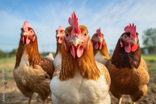 Intense Gaze of Redheaded Chickens in a Row on the Farm - Generative AI © Gelpi