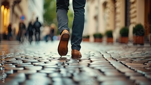 Focused closeup of person feet walking along city street capturing urban life and motion active lifestyle with shoes stepping on road of busy town