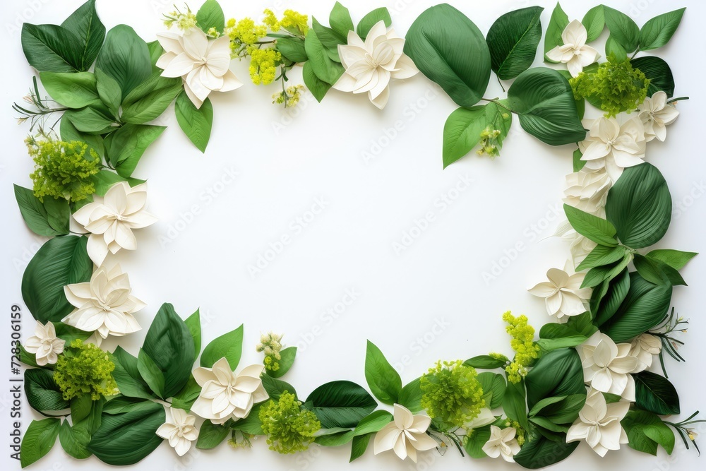 Naklejka premium Lush Green Leaf Frame on White - Nature's Border Design Generative AI