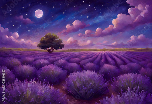 A field of blooming lavender under a starry night sky