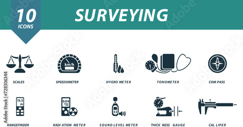 Surveying icons set. Creative icons: scales, speedometer, hygrometer, tonometer, compass, rangefinder, radiation meter, sound level meter, thickness gauge, calliper.