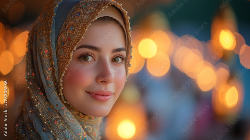 Ramadan evening portrait with muslim woman in traditional attire during the holy month and lanterns illuminating background Ramadan evening portrait with muslim woman in traditional attire during the holy month and lanterns illuminating background